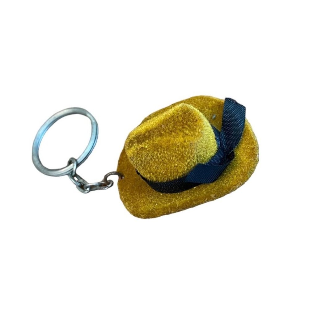 Vintage Flocked Brown Fedora Hat Keychain Key Ring Black Ribbon